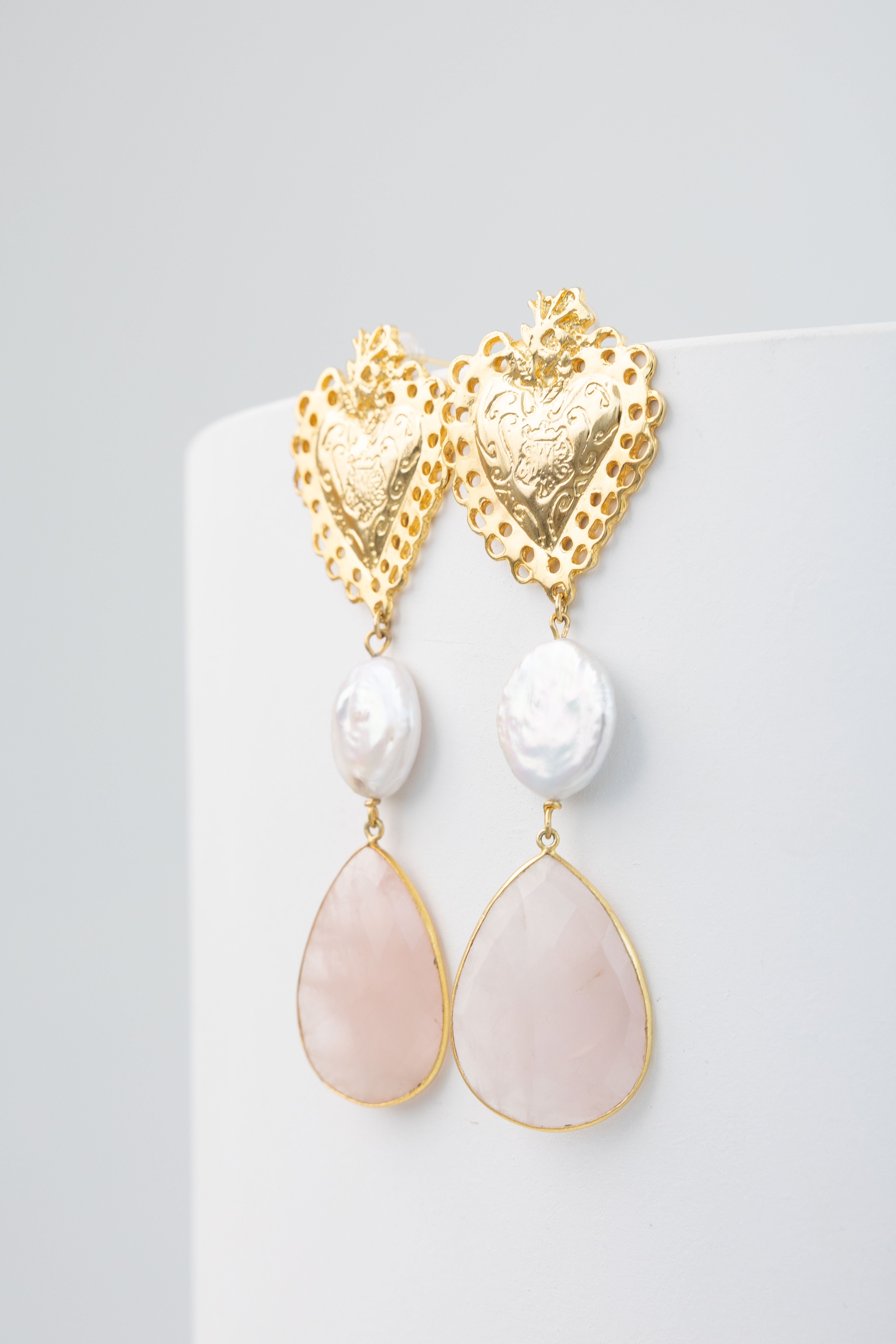 Aretes Corazón Perla Cuarzo