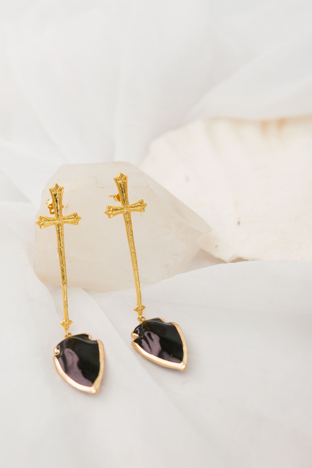 Aretes Espada Cruz Cuarzo Negro