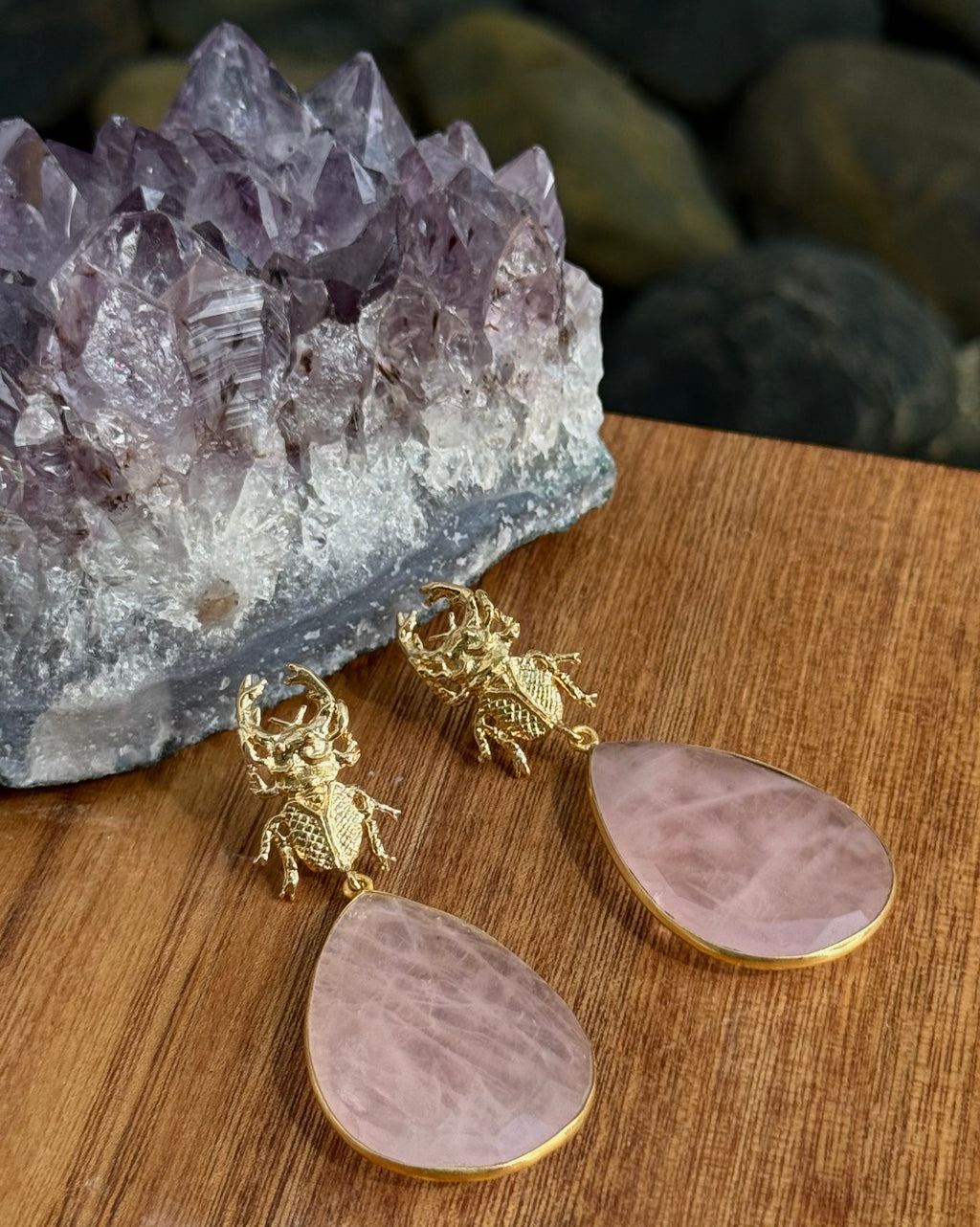 Aretes Escarabajo Cuarzo Rosa