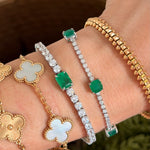 Pulsera Tenis Esmeralda Plata y Oro Blanco 18K
